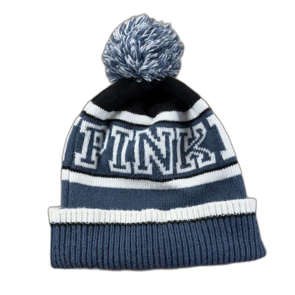 Pink Victoria's Secret One Size Blue White Winter Beanie Pom Pom